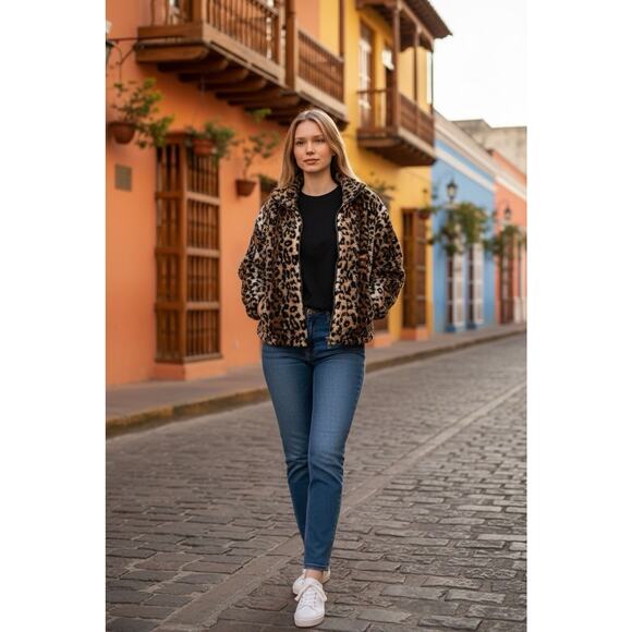 Forever 21 Animal Print Sherpa Bomber Jacket Sz Small Full Zip Baddie Faux Fur - Picture 2 of 7